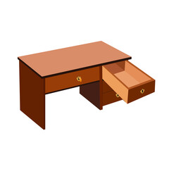 A desk with an open drawer. Vector image of a desktop with an extended drawer. There's a key in the lock in the top drawer