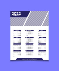 Single page calendar 2022, Calendar design for 2022. Wall calendar one page, vector design print template with place for photo and company logo.