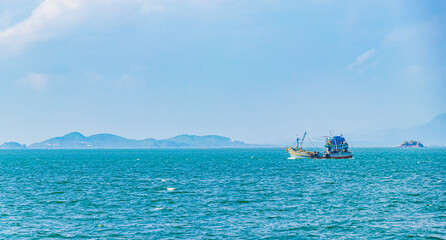 Old fisher boats sea landscape panorama of Myanmar and Thailand.