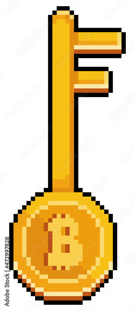Poster pixel art bitcoin key. investment in cryptocurrencies vector icon for 8bit game on white background