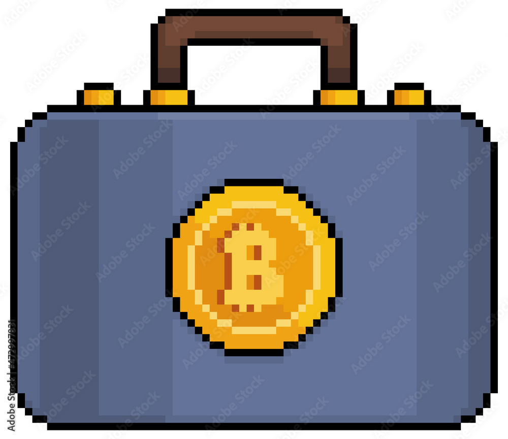 Poster pixel art suitcase with bitcoins investment in cryptocurrencies vector icon for 8bit game on white b