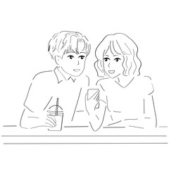 A guy and a girl in a cafe drink coffee and talk. Vector hand draw line illustration.