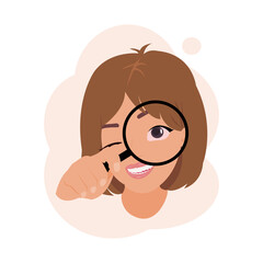 Close up on front view of smiling young lady cartoon holding a magnifying glass .Handsome woman looking through lens with big eye during research.Vector flat design concept for zoom,find something’s.