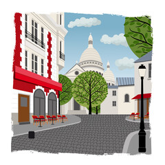 Dessin réaliste d’une rue de la butte Montmartre à Paris avec dans le fond le Sacré cœur, bâtiment historique traditionnel en France. - obrazy, fototapety, plakaty
