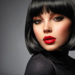 Beautiful brunette girl with red lips and black bob hairstyle. Pretty young woman with black hair....