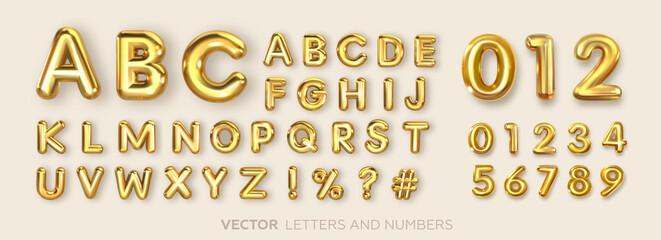 Fototapeta Set of gold isolated alphabet letters and numbers. Gold yellow metallic letter. Alphabetical font. Foil symbol. Bright metallic 3D, realistic vector illustration obraz
