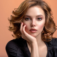 Beautiful brown haired with stylish short hairstyle. Woman with a  curly hair. Beautiful young...