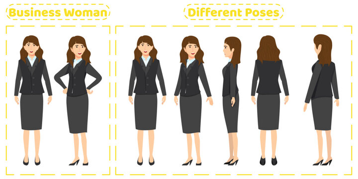 Cute business woman character set with different poses front side back view with cheerful facial expressions Animation creation isolated