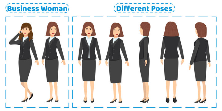 Business woman character set with different poses front side back view with cheerful facial expressions Animation creation isolated