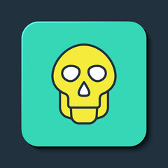 Filled outline Skull icon isolated on blue background. Happy Halloween party. Turquoise square button. Vector