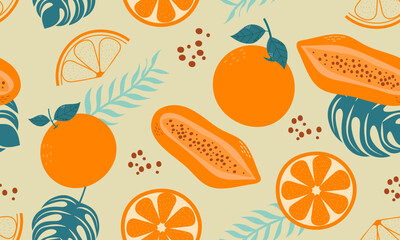 seamless pattern  fruits, Orange, Papaya and leaf on colour background. Vector illustration.