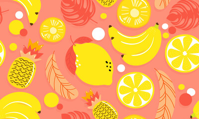 seamless pattern  fruits, Orange, Banana, Pineapple, Lemon and leaf 
