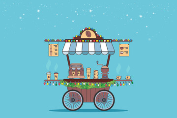 Coffee cart with Christmas decoration. Street counter with a canopy, coffee machine and cups of coffee. Coffee to take away. Street cart with sale cappuccino, latte. Street food