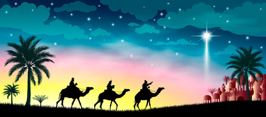 Naklejka na ściany i meble The three wise men follow the guiding star to Bethlehem. Three wise men against the background of the star of Bethlehem. Their journey with gifts to Bethlehem. Biblical scene on the eve of the birth