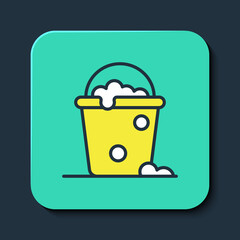 Filled outline Bucket with foam and bubbles icon isolated on blue background. Cleaning service concept. Turquoise square button. Vector