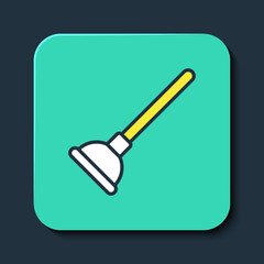 Filled outline Rubber plunger with wooden handle for pipe cleaning icon isolated on blue background. Toilet plunger. Turquoise square button. Vector