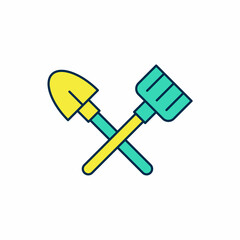 Filled outline Shovel and rake icon isolated on white background. Tool for horticulture, agriculture, gardening, farming. Ground cultivator. Vector