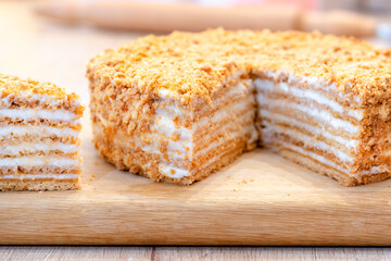 Honey cake. classic honey cake . Slit and Slice of Cake.