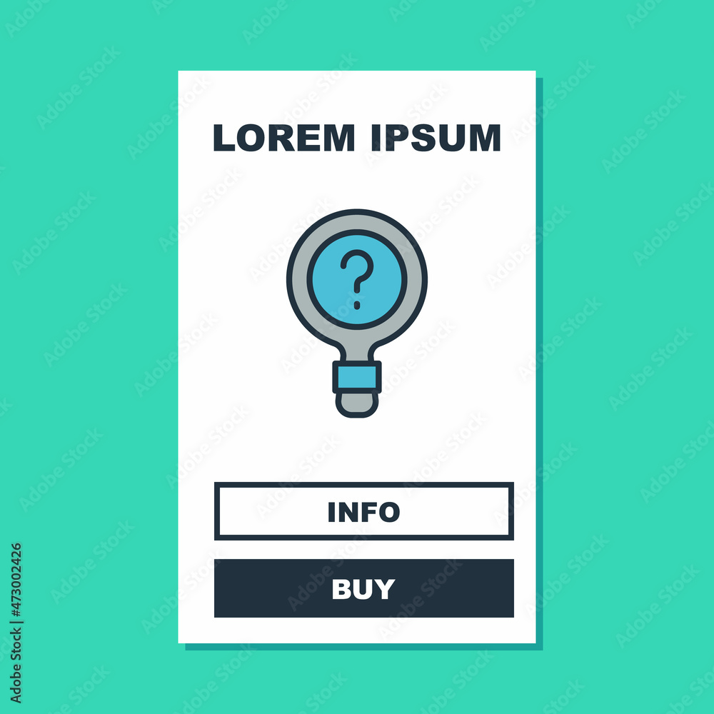 Poster filled outline unknown search icon isolated on turquoise background. magnifying glass and question m