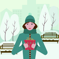 A girl with a New Year's gift on the background of a winter city. A greeting card. New Year. Merry Christmas