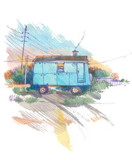 Tiny house sketch/ Pencil sketch about simple life on the road.