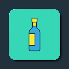 Filled outline Bottle of wine icon isolated on blue background. Turquoise square button. Vector