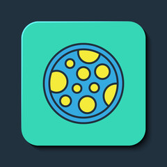 Filled outline Pizza icon isolated on blue background. Fast food menu. Turquoise square button. Vector