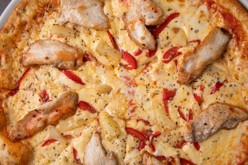 Pizza quattro stagioni four seasons pizza with cheese and chicken 