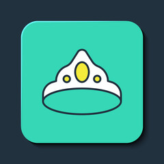 Filled outline King crown icon isolated on blue background. Turquoise square button. Vector