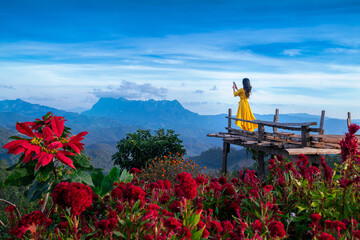 Woman tourist taking photo of Doi Luang Chiang Dao mountains, Chiang mai, Thailand.