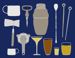 Vector set of bar equipment shaker, mixing, serving, pouring cocktails, drinks in the bar, in a flat and cartoon style. National Bartender Day February 6. Professional barmen at work