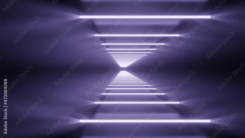 Poster horizontal violet neon lights in abstract 3d rendered tunnel. light corridor in dark space with refl