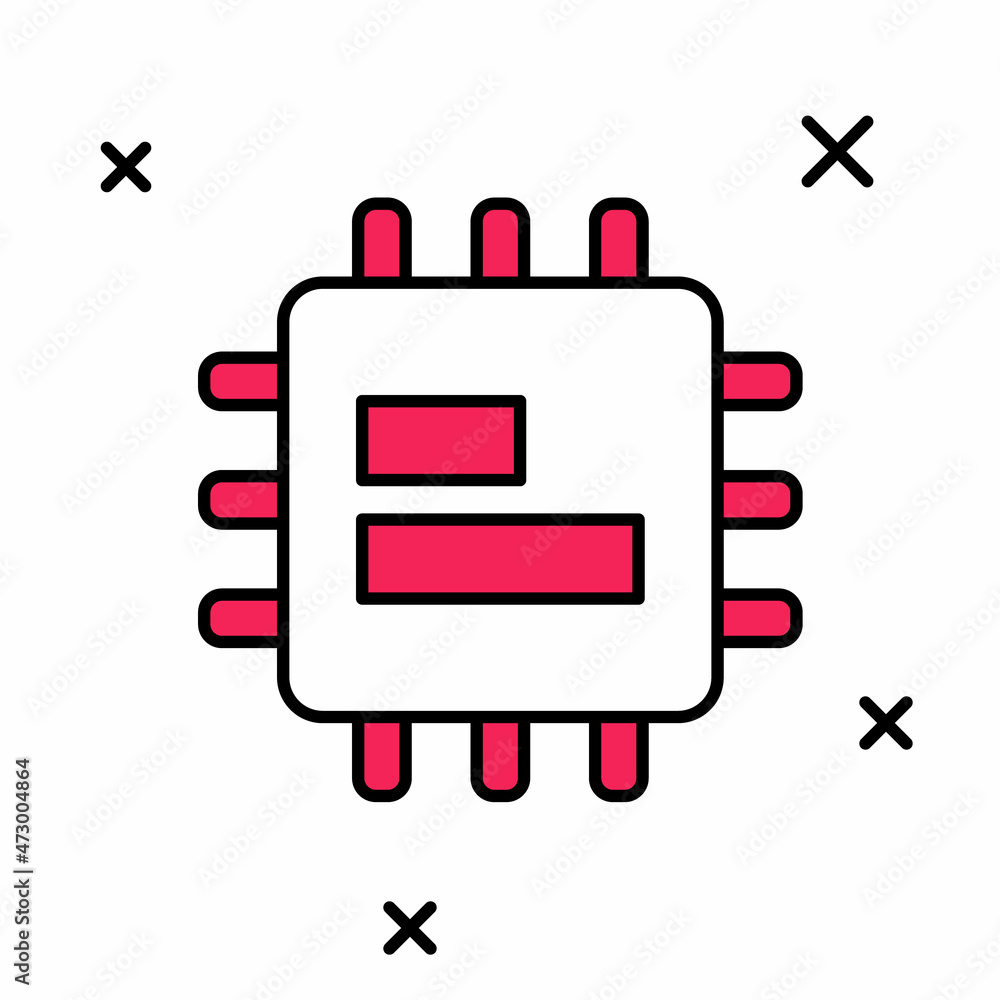 Poster filled outline computer processor with microcircuits cpu icon isolated on white background. chip or 