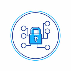 Filled outline Cyber security icon isolated on white background. Closed padlock on digital circuit board. Safety concept. Digital data protection. Vector