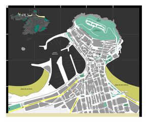 Detailed city centre street map of Gijon city, Asturias, North of Spain. Vector illustration.