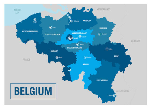 Belgium country political map. Detailed vector illustration with isolated states, regions and cities easy to ungroup. 