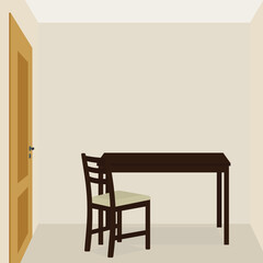 Table and chair in an empty room with a closed door