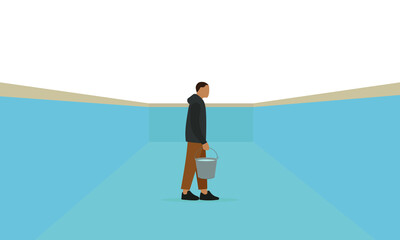 A male character is standing in an empty pool with a bucket of water in his hand