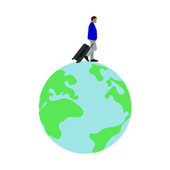 Male character with a suitcase on wheels walks across the globe on a white background