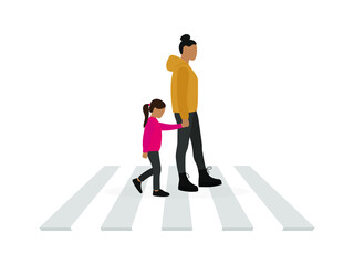 Female character and girl walking along a pedestrian crossing holding hands on a white background