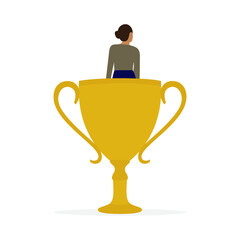 Female character in big golden cup isolated on white background