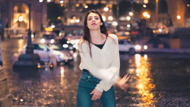 Night Dance - Woman Dancing On The Street At Night Smiling At The Camera