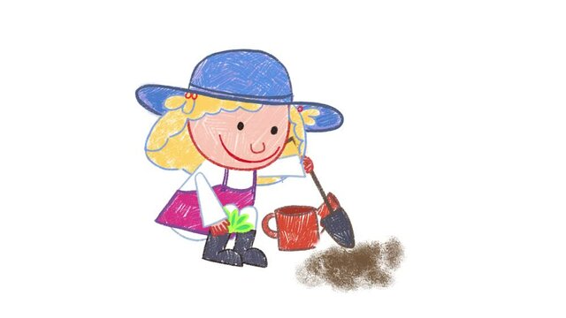 Farmer girl smiling and planting animation cycle with mask, template for art class children’s tv shows. Luma matte.