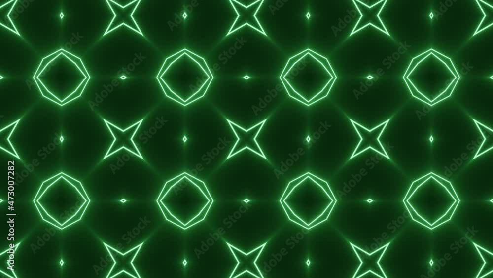 Aufkleber neon glowing green pattern in symmetric mosaic in a dark space. seamless animated background with a 