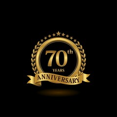 70th golden anniversary logo with ring and ribbon, laurel wreath vector design. EPS 10