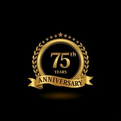 75th golden anniversary logo with ring and ribbon, laurel wreath vector design. EPS 10