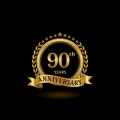 90th golden anniversary logo with ring and ribbon, laurel wreath vector design. EPS 10