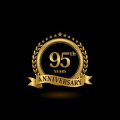 95th golden anniversary logo with ring and ribbon, laurel wreath vector design. EPS 10