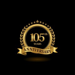105th golden anniversary logo with ring and ribbon, laurel wreath vector design. EPS 10
