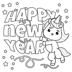 Happy new year coloring book with cute unicorn